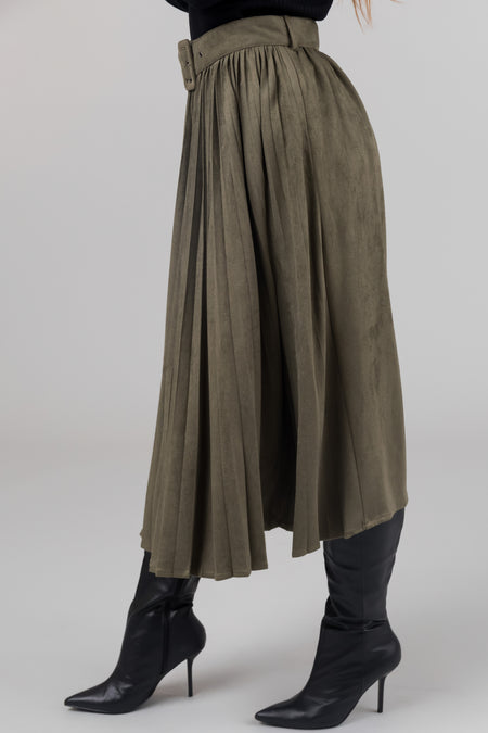 Olive Faux Suede Pleated Midi Skirt with Belt