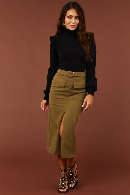 Olive Flap Pocket Belted Slit Midi Skirt