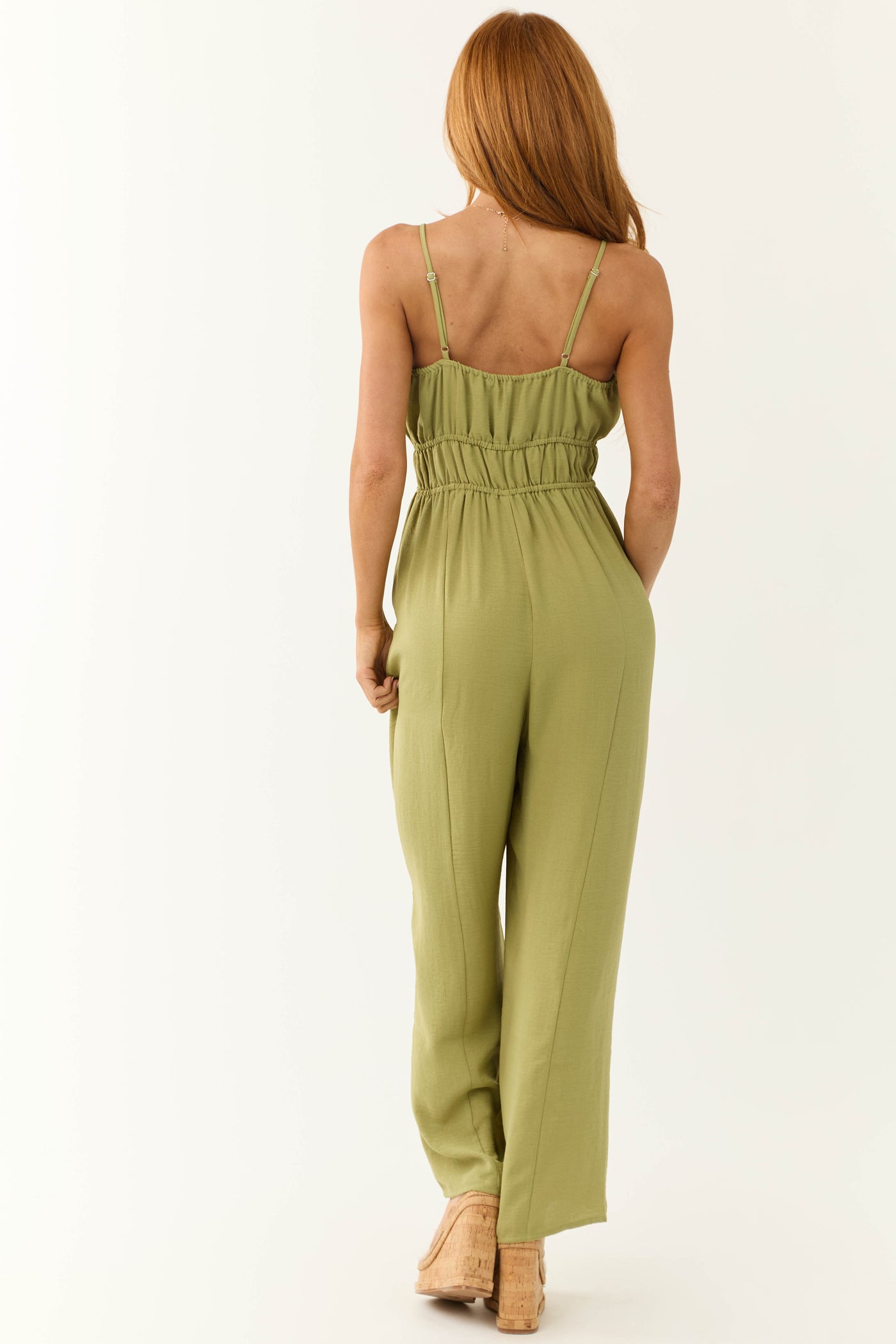 Olive Front Pintuck Sleeveless Jumpsuit