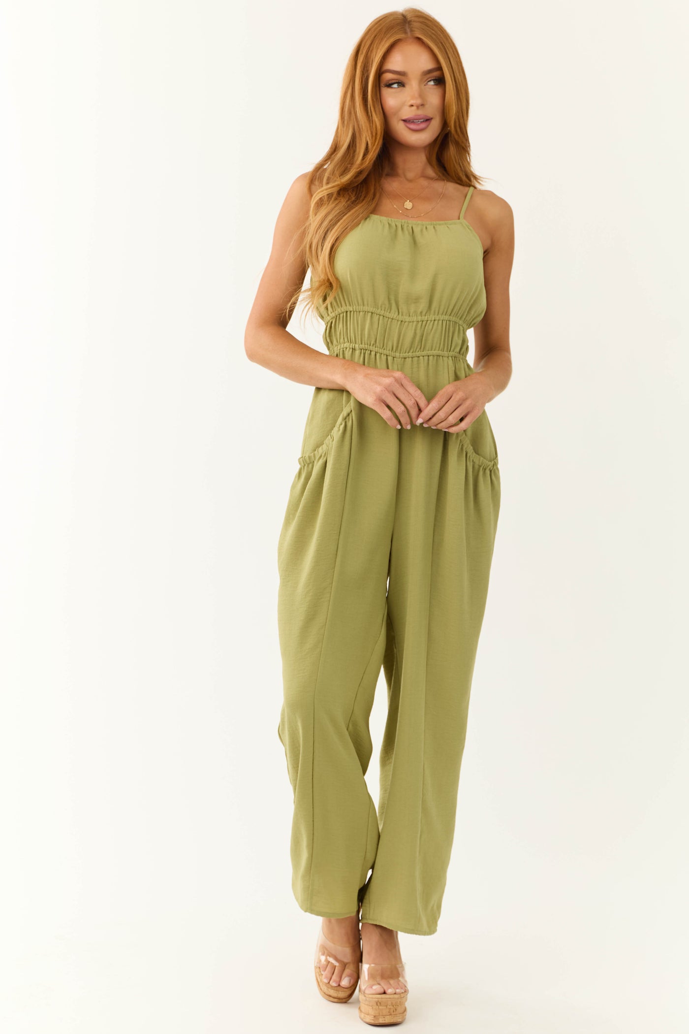 Olive Front Pintuck Sleeveless Jumpsuit