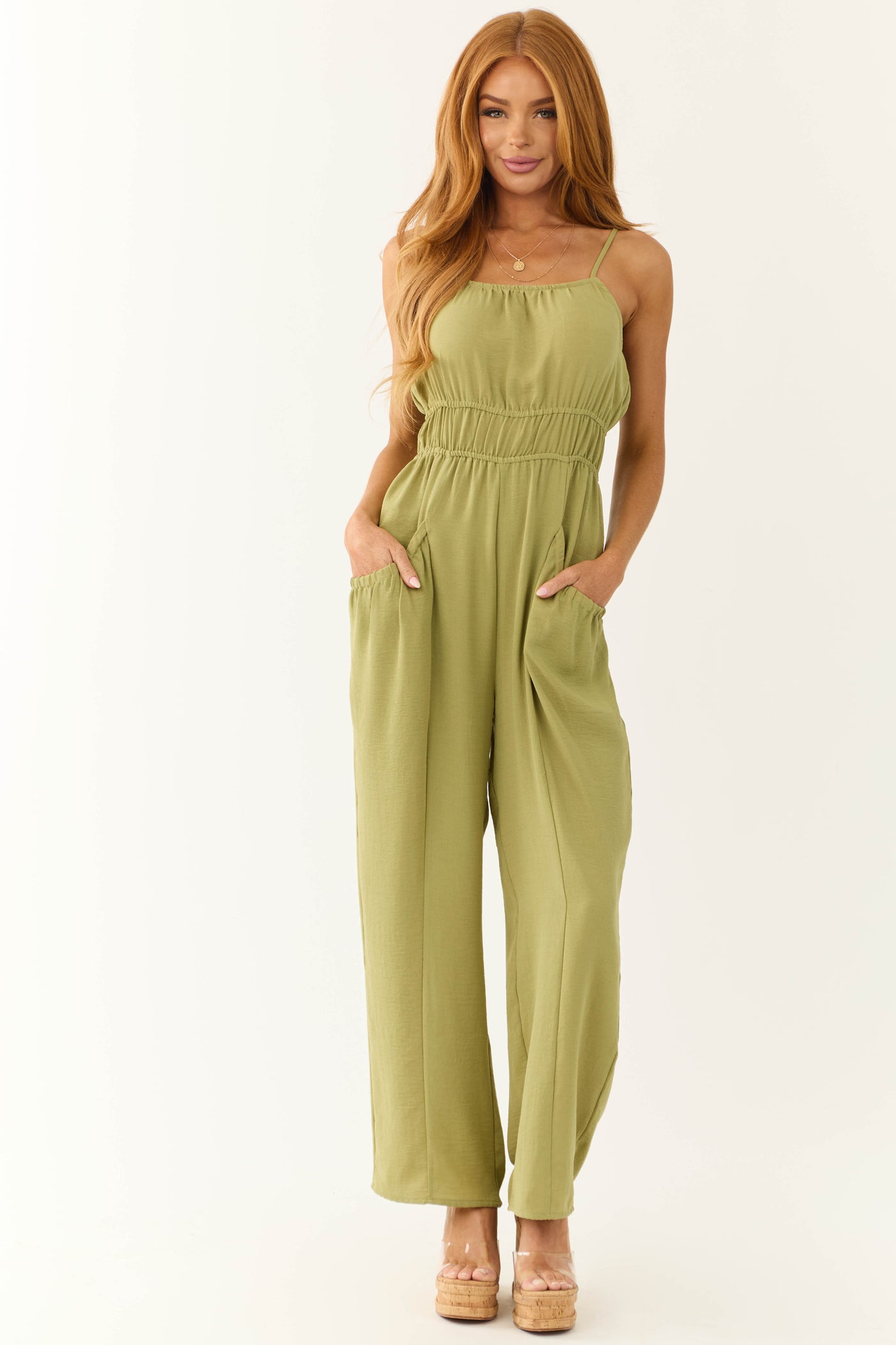 Olive Front Pintuck Sleeveless Jumpsuit