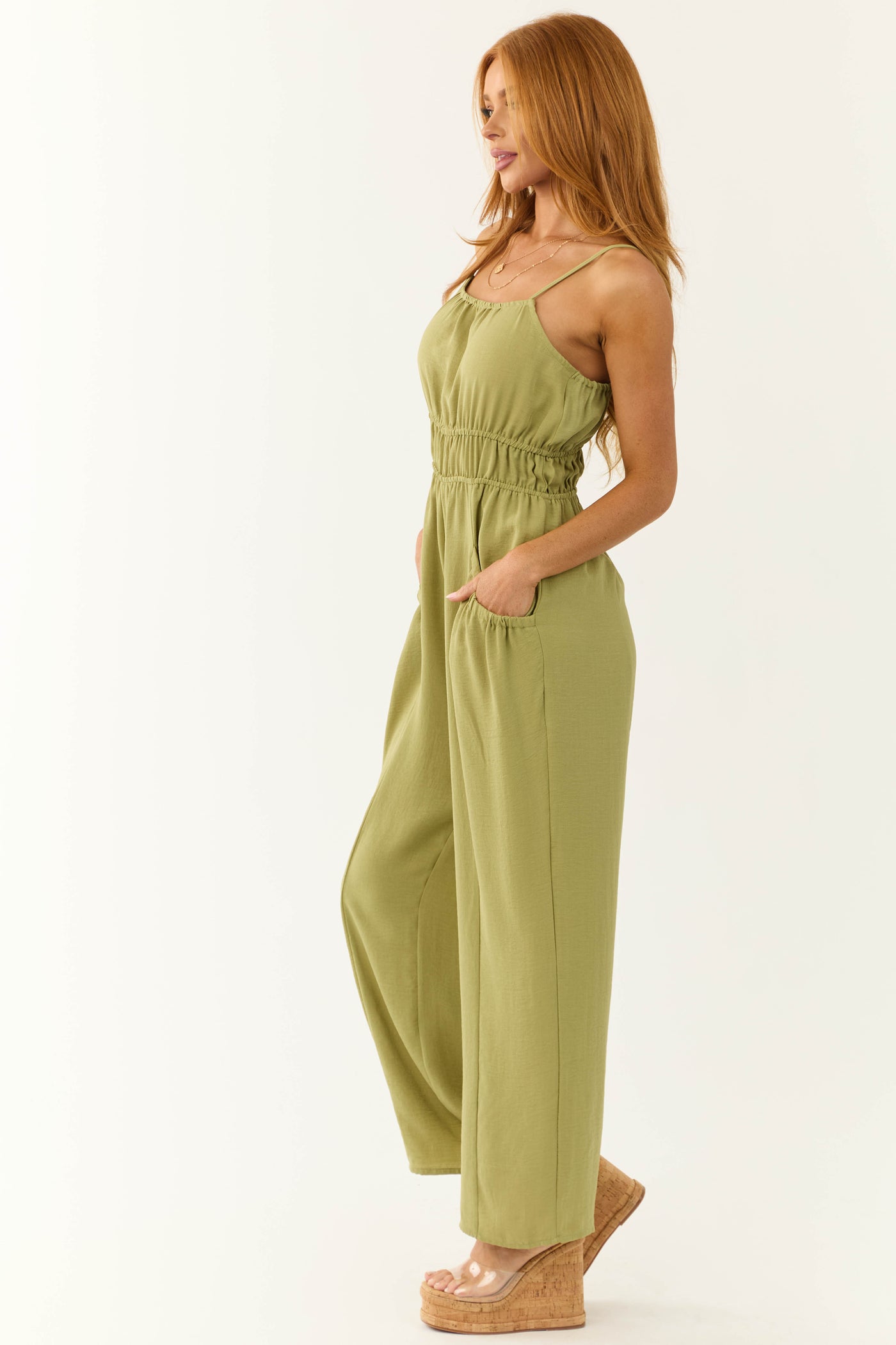 Olive Front Pintuck Sleeveless Jumpsuit