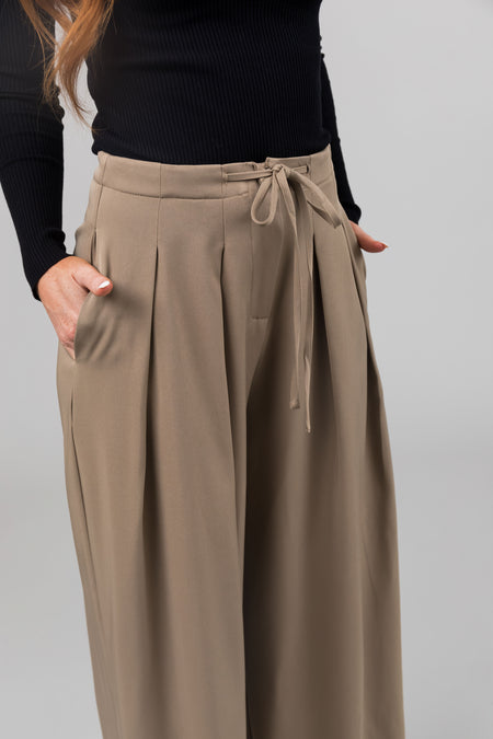 Olive Front Tie Pleated Wide Leg Pants