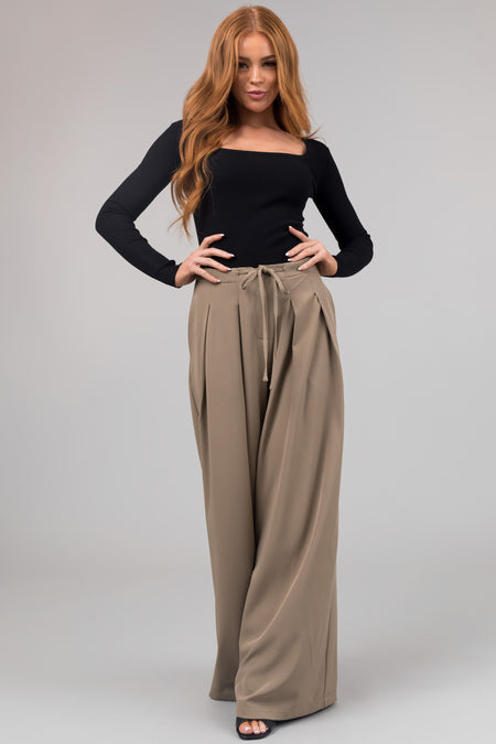 Olive Front Tie Pleated Wide Leg Pants