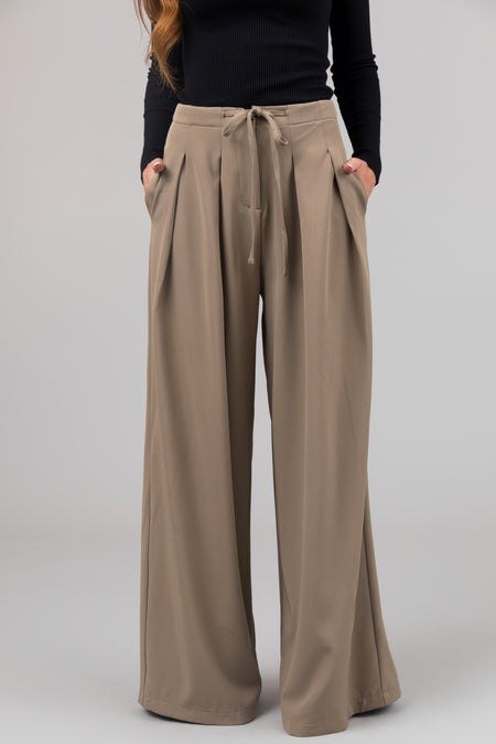 Olive Front Tie Pleated Wide Leg Pants