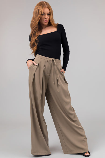 Olive Front Tie Pleated Wide Leg Pants