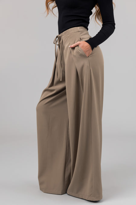 Olive Front Tie Pleated Wide Leg Pants