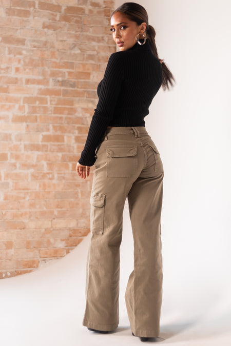 Olive Mid Rise Wide Leg Cargo Jeans