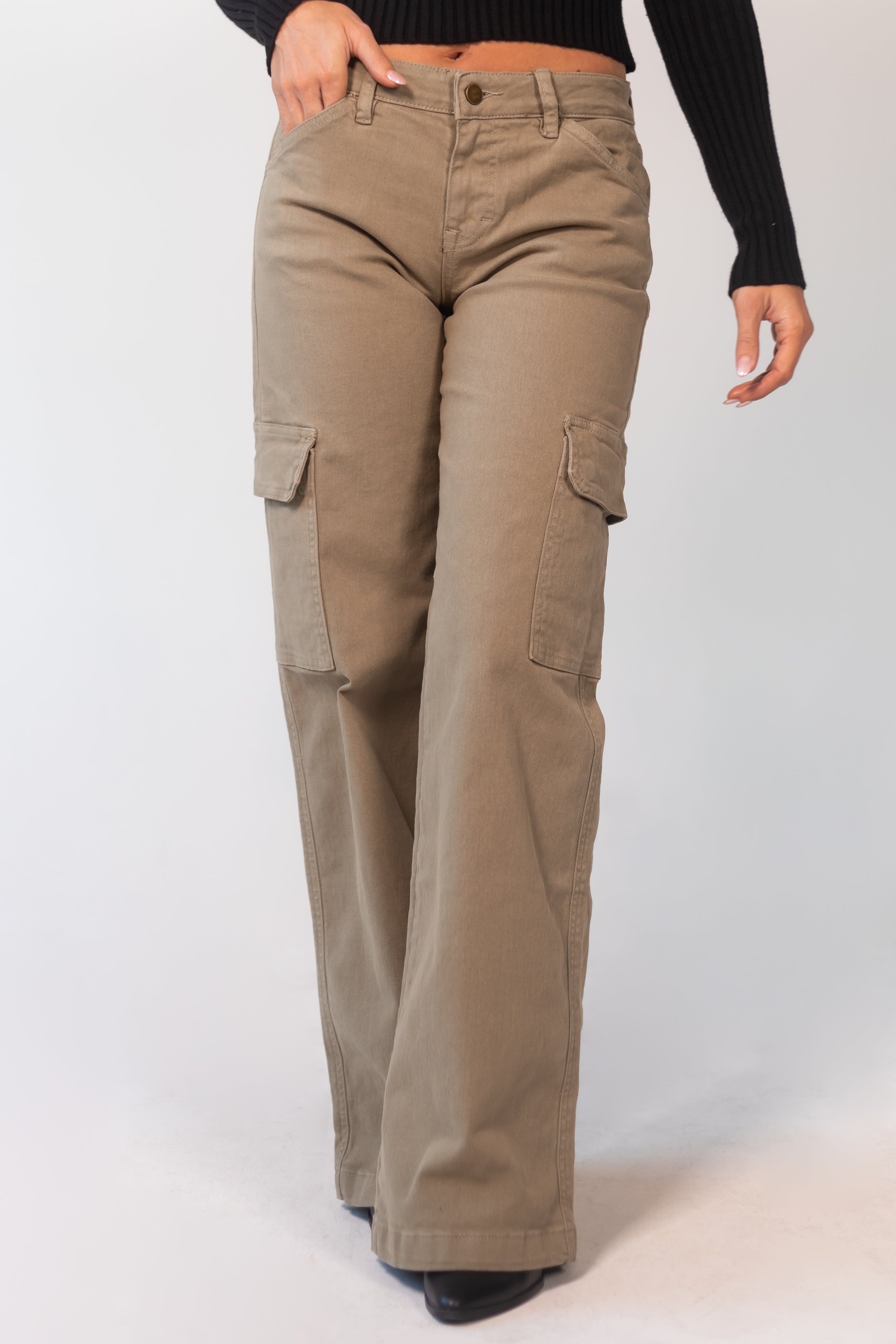 Olive Mid Rise Wide Leg Cargo Jeans