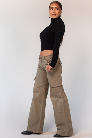 Olive Mid Rise Wide Leg Cargo Jeans