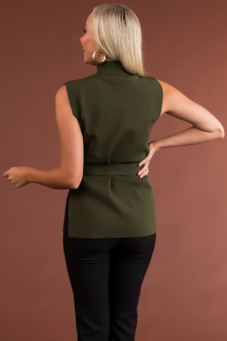 Olive Mock Neck Belted Ribbed Knit Top