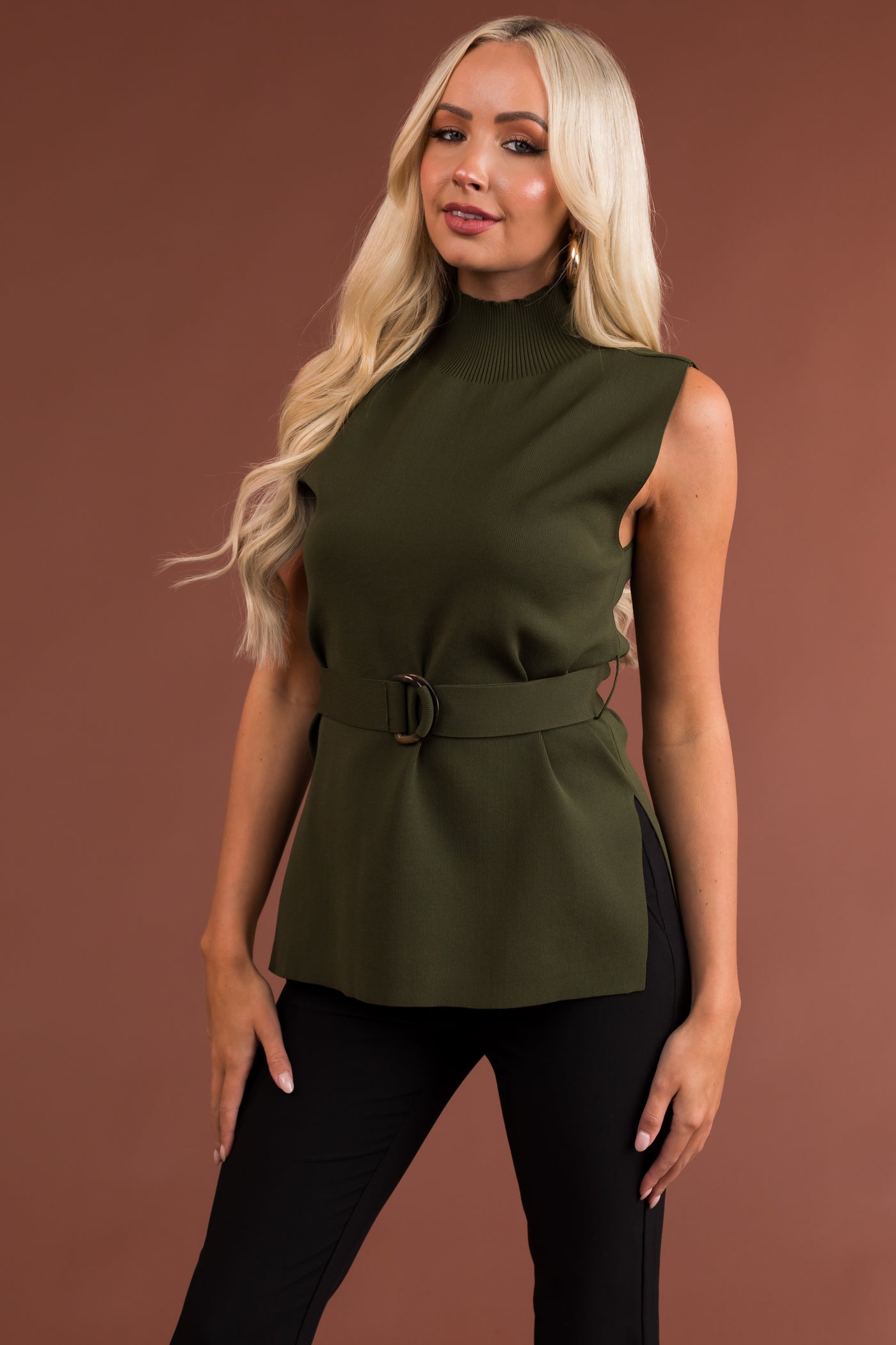 Olive Mock Neck Belted Ribbed Knit Top