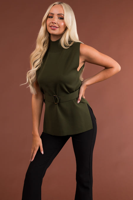 Olive Mock Neck Belted Ribbed Knit Top