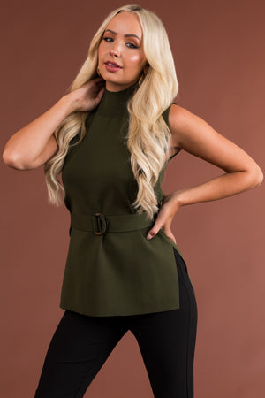 Olive Mock Neck Belted Ribbed Knit Top