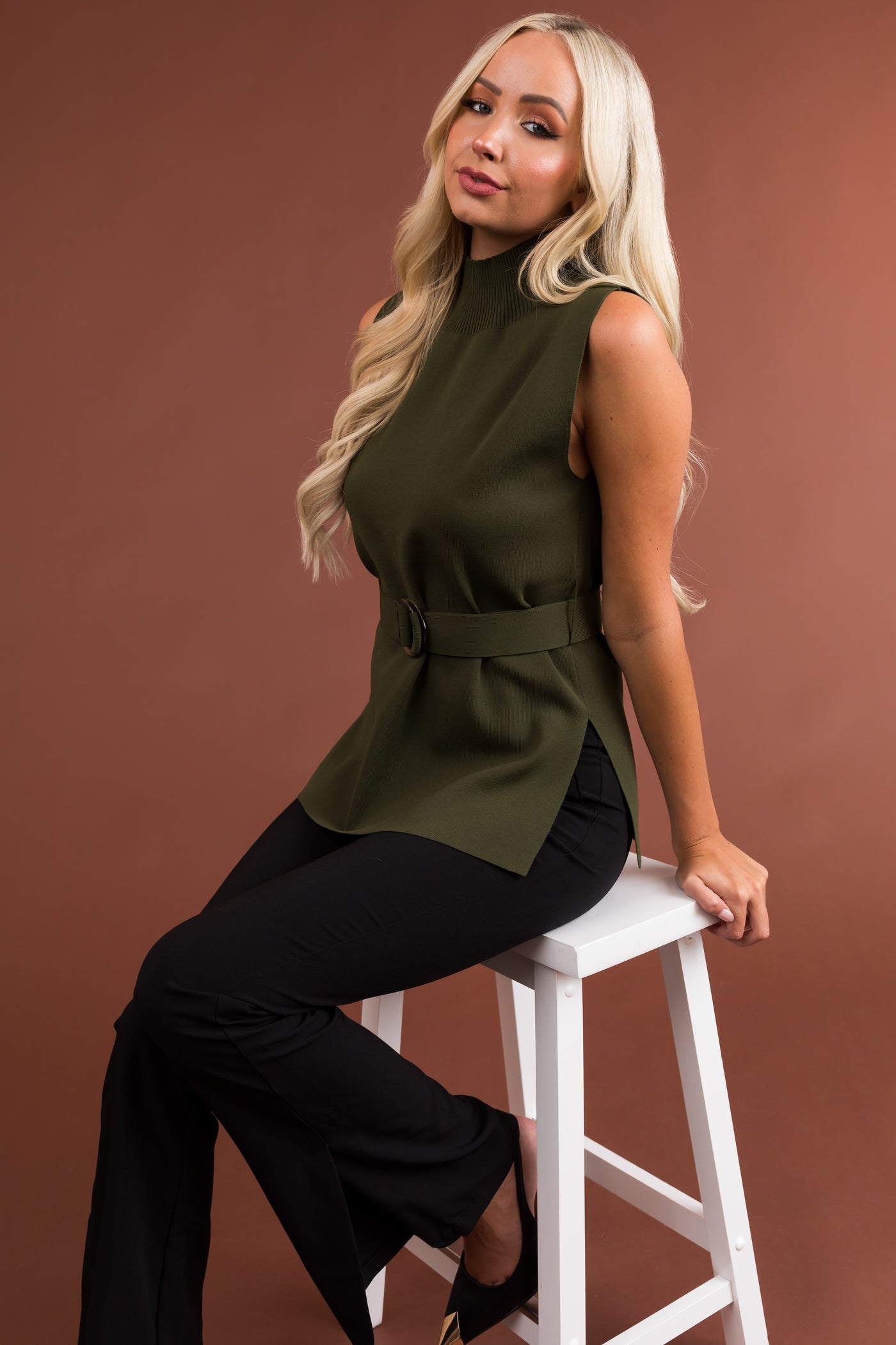 Olive Mock Neck Belted Ribbed Knit Top