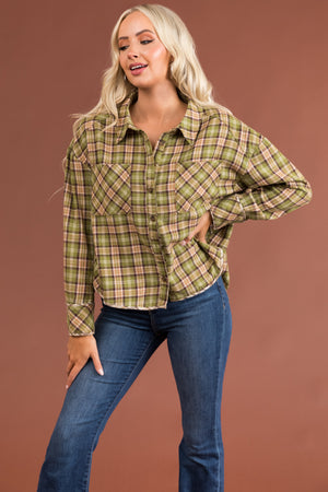 Olive Plaid Double Chest Pocket Soft Flannel