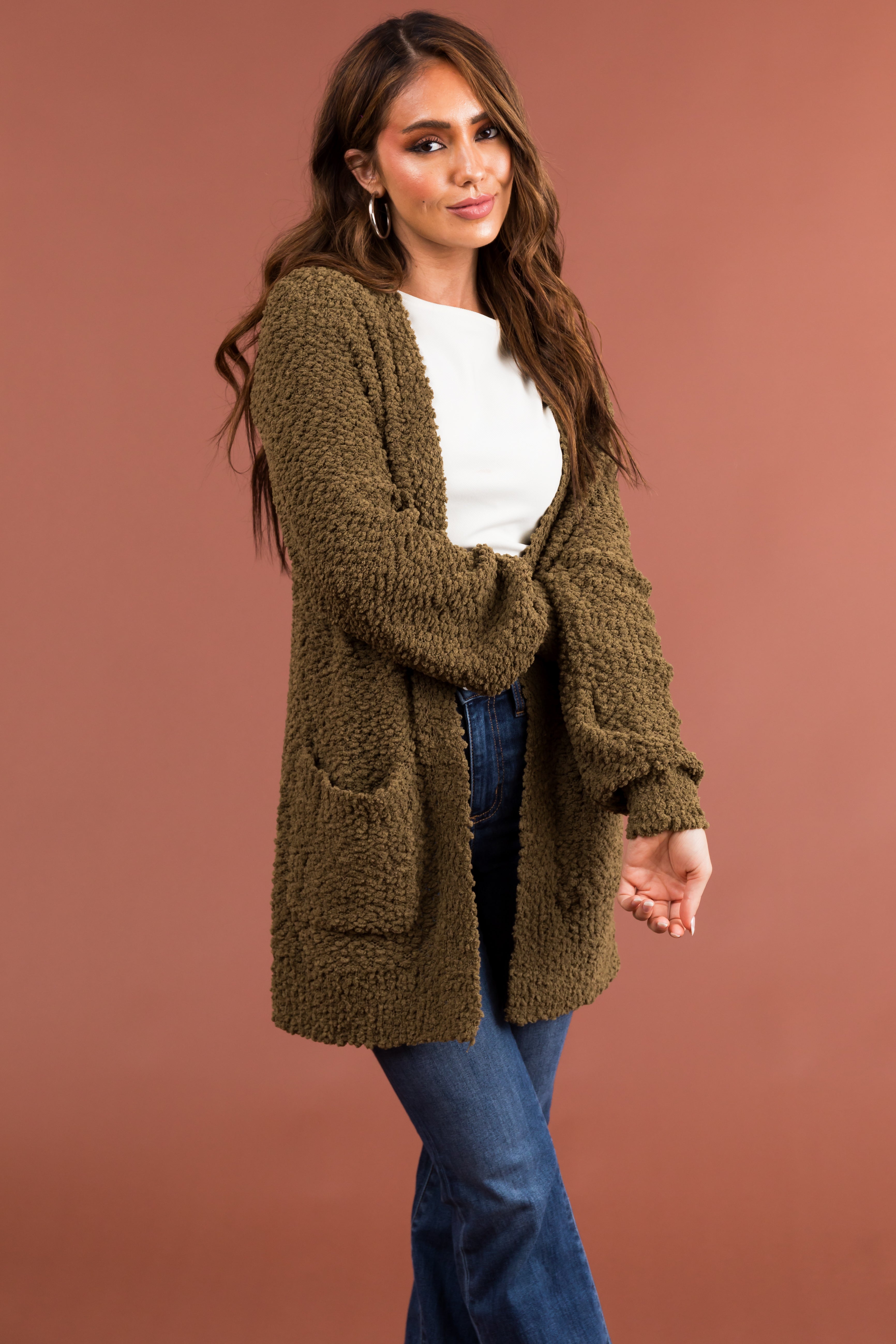 Olive Popcorn Knit Open Front Cardigan Lime Lush