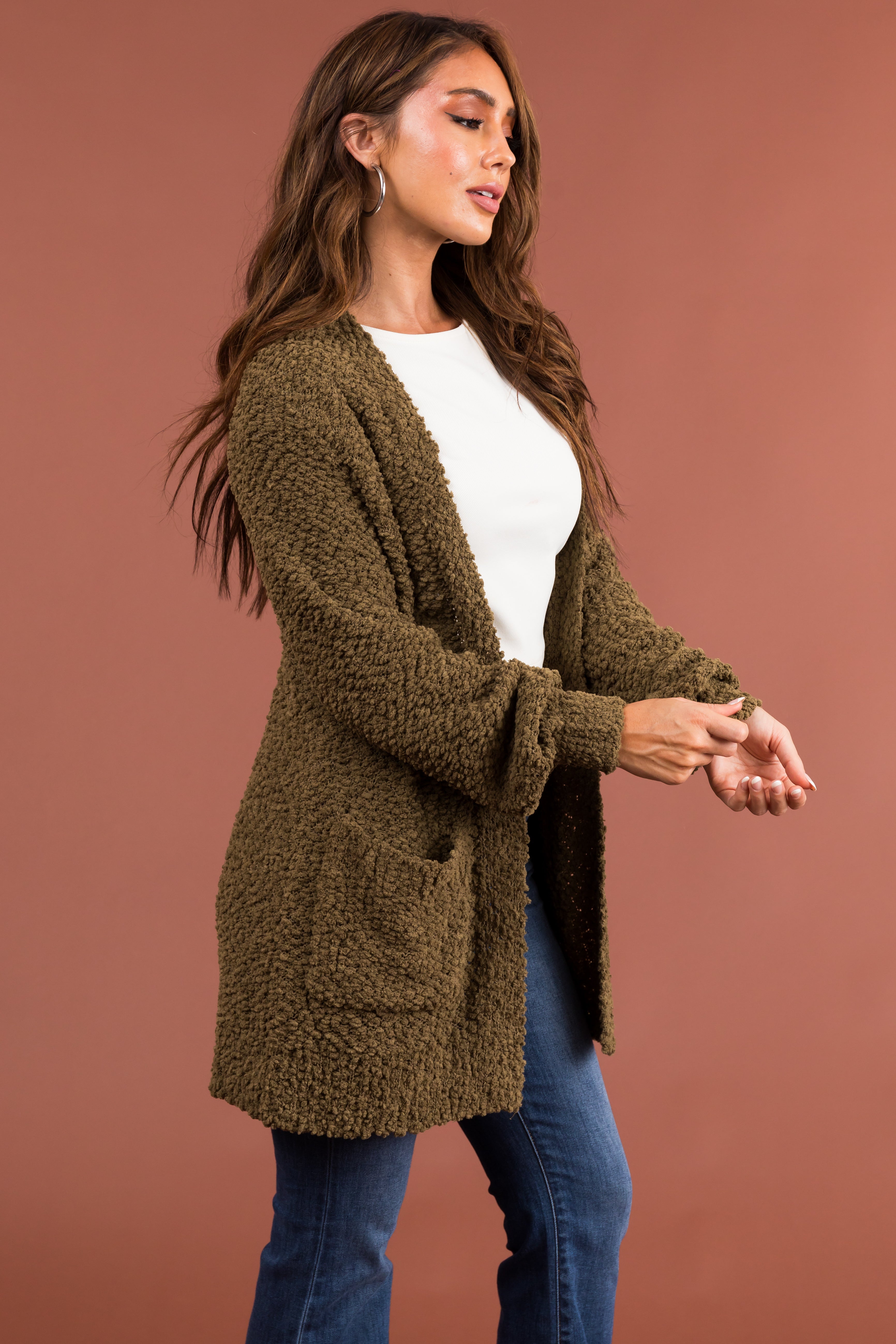 Open front outlet popcorn knit cardigan