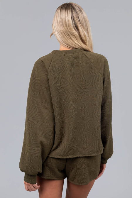 Olive Quilted Detail Long Sleeve Knit Top