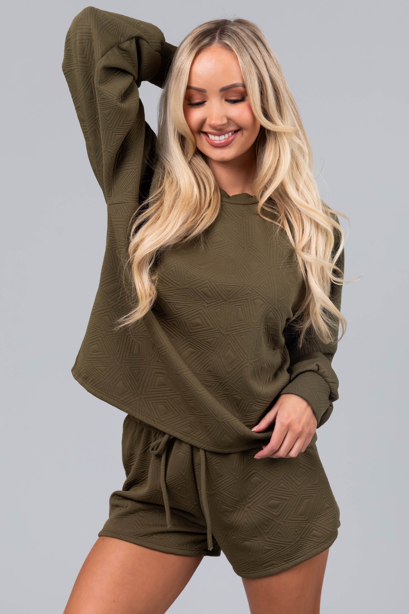 Olive Quilted Detail Long Sleeve Knit Top