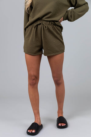 Olive Quilted Detail Loose Soft Knit Shorts