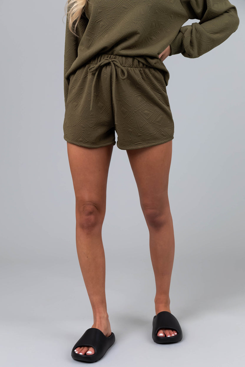 Olive Quilted Detail Loose Soft Knit Shorts