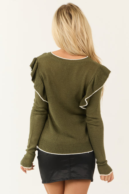 Olive Ruffle Long Sleeve Contrast Trim Top