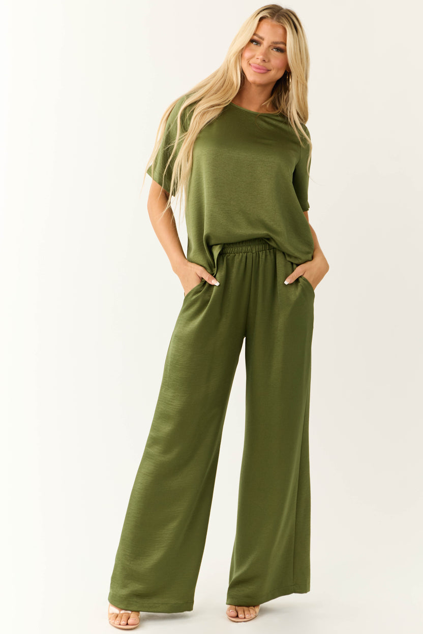 Olive Satin Blouse and Wide Leg Pants Set