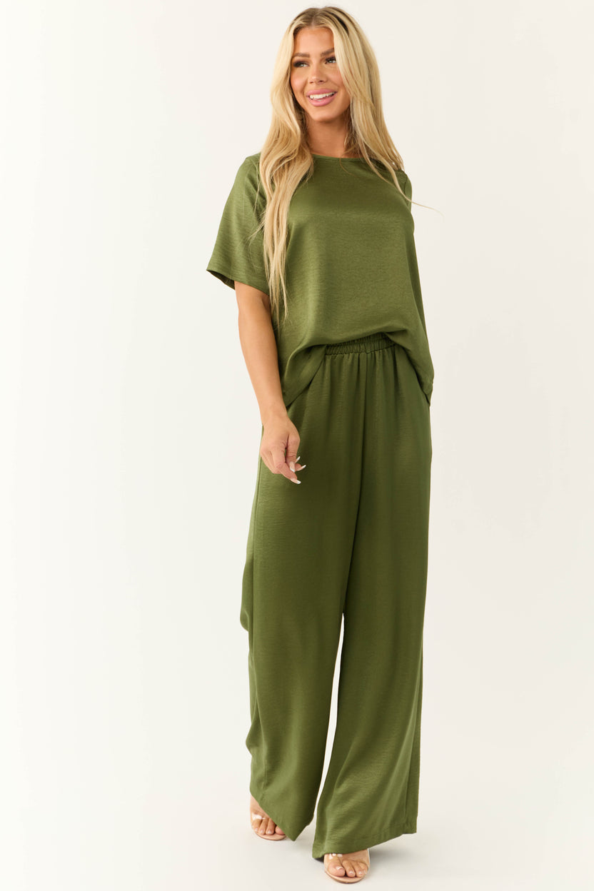 Olive Satin Blouse and Wide Leg Pants Set