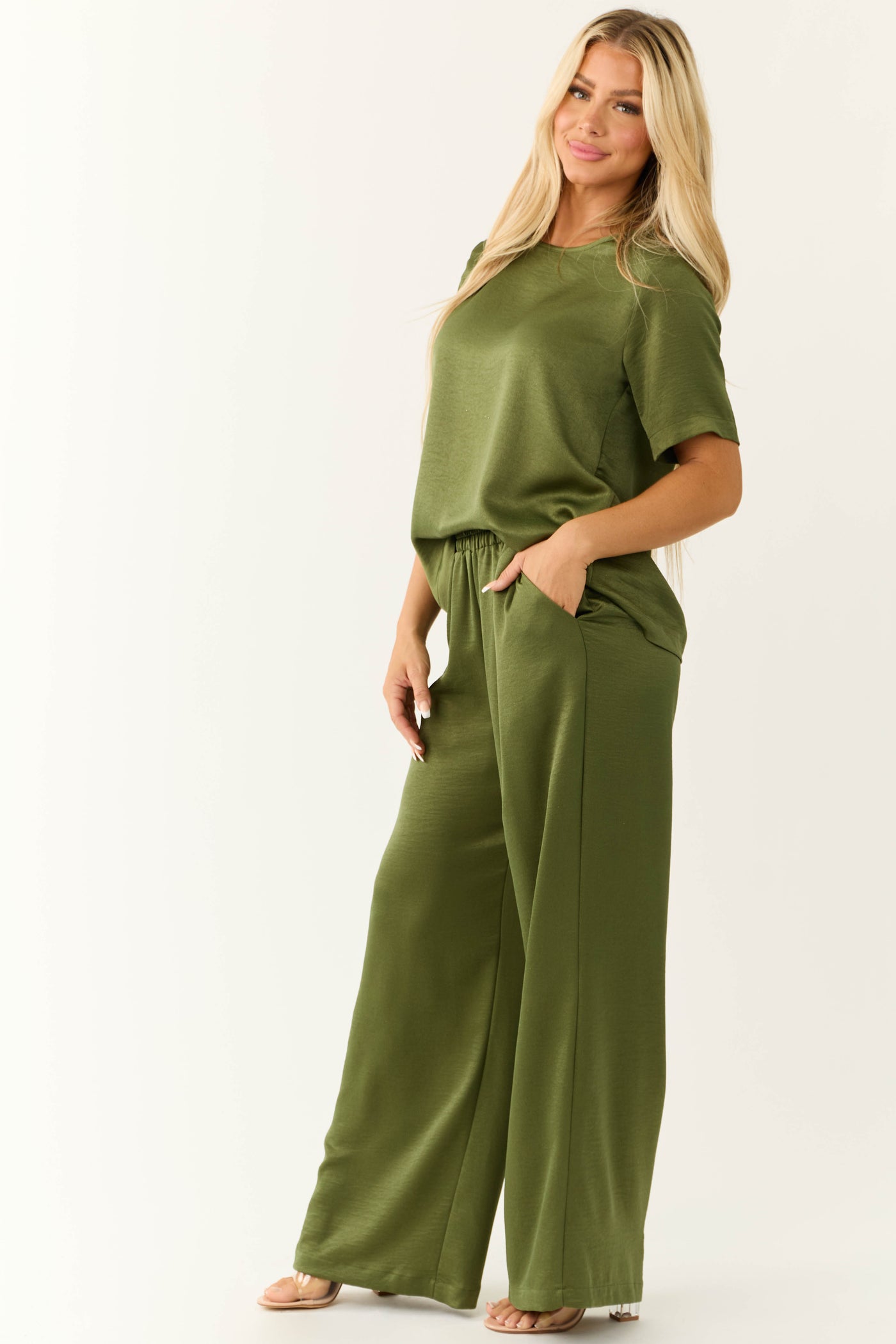 Olive Satin Blouse and Wide Leg Pants Set