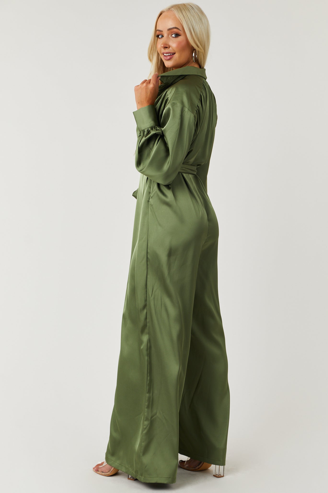 Olive Satin Collared Long Sleeve Waist Tie Jumpsuit