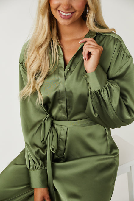 Olive Satin Collared Long Sleeve Waist Tie Jumpsuit