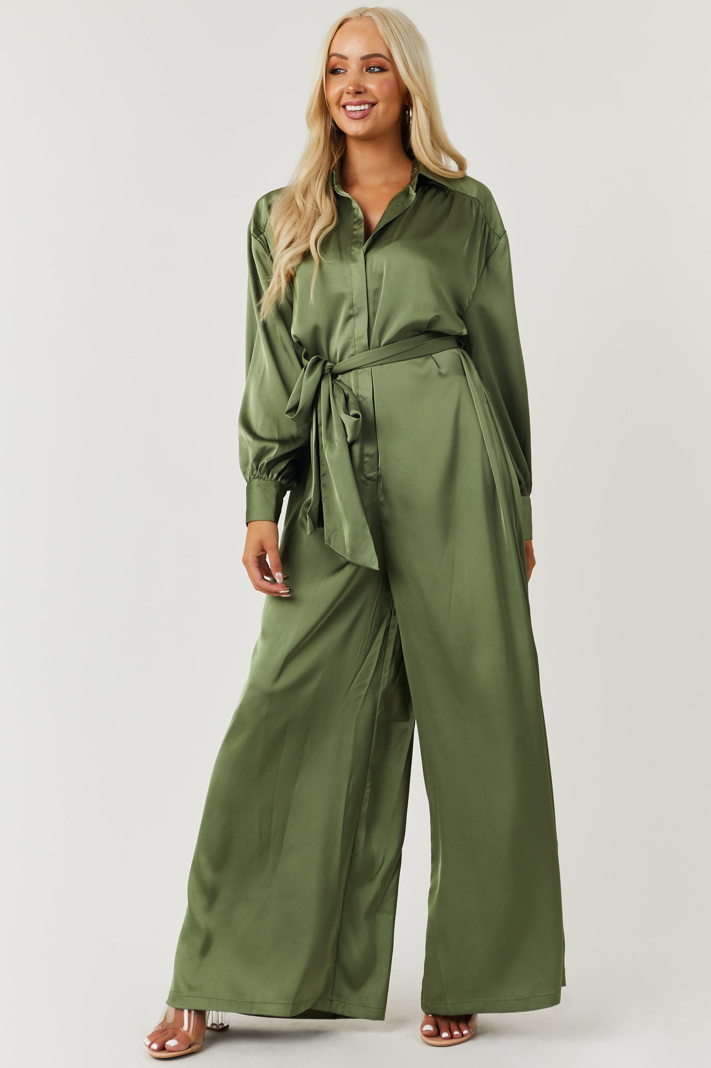 Flying Tomato Olive Satin Collared Waist Tie Jumpsuit Lime Lush Boutique