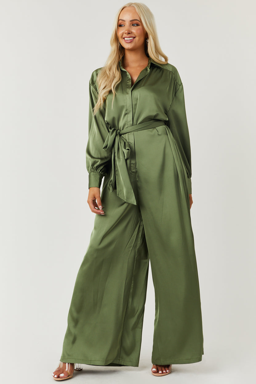 Olive Satin Collared Long Sleeve Waist Tie Jumpsuit