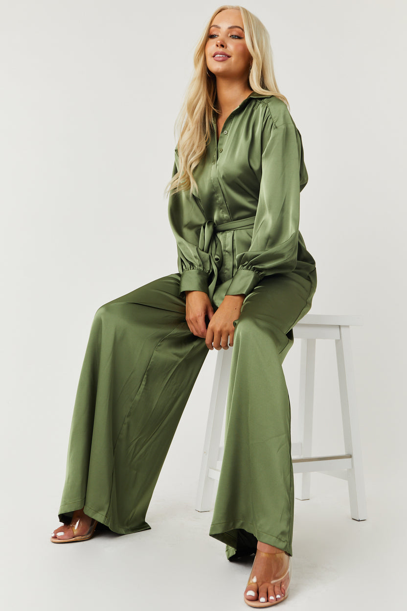 Olive Satin Collared Long Sleeve Waist Tie Jumpsuit