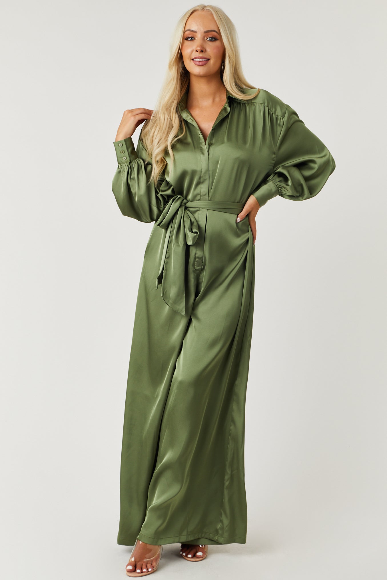 Olive Satin Collared Long Sleeve Waist Tie Jumpsuit