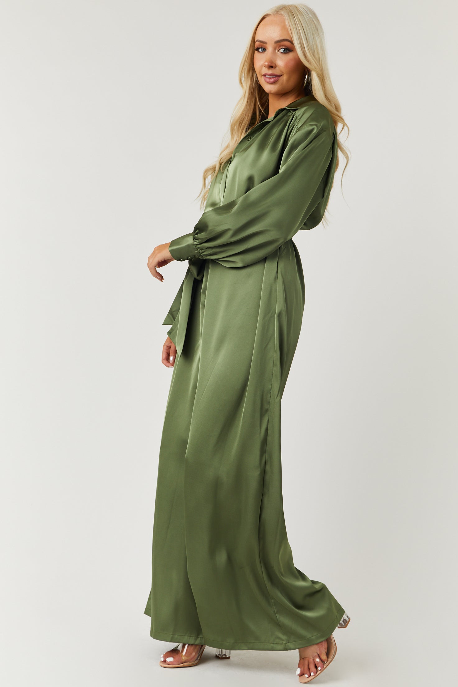 Olive Satin Collared Long Sleeve Waist Tie Jumpsuit