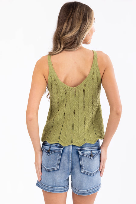 Olive Scallop Hem Textured Knit Sleeveless Top