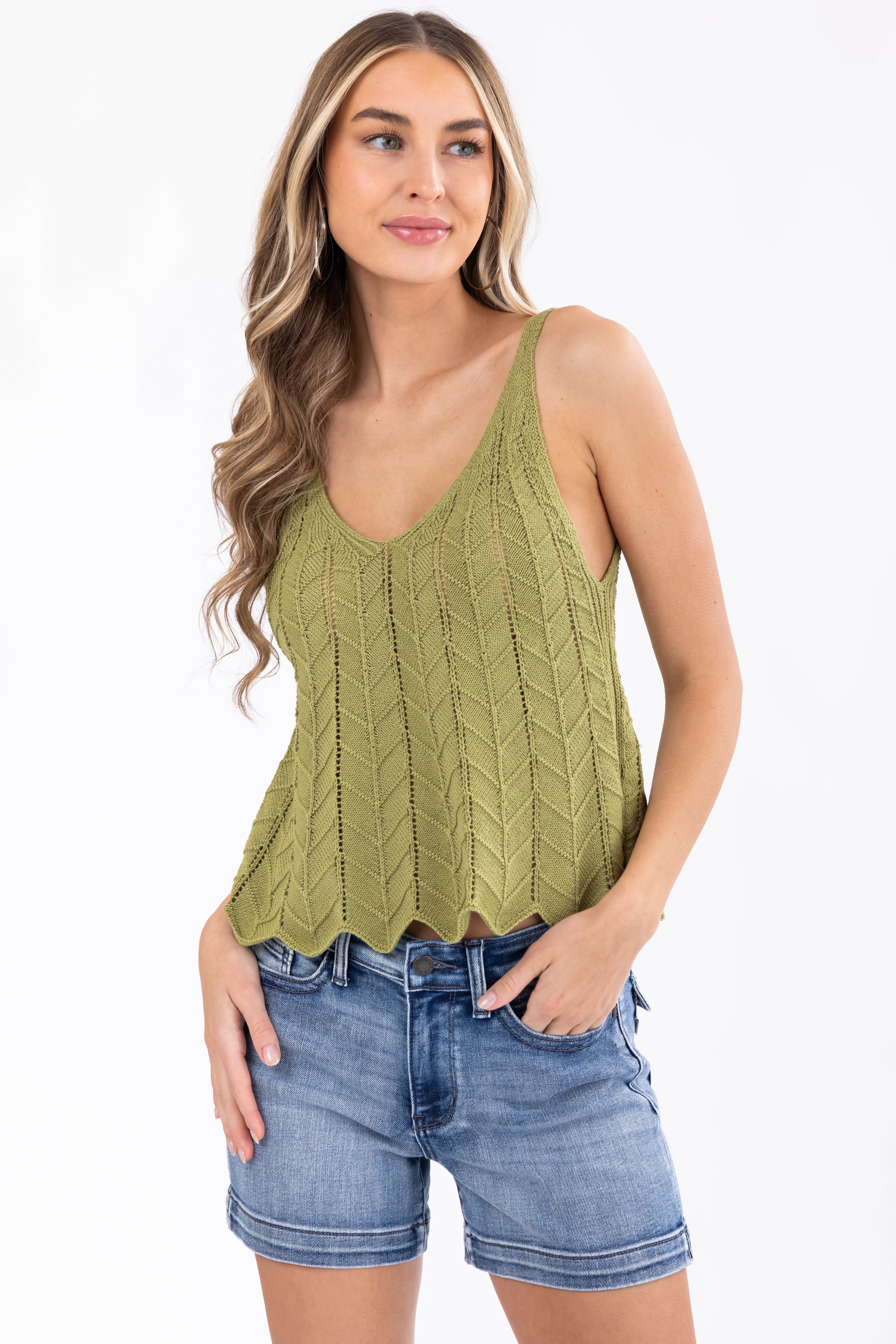 Olive Scallop Hem Textured Knit Sleeveless Top