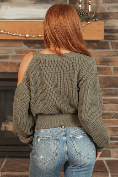 Olive Single Cold Shoulder Cropped Sweater