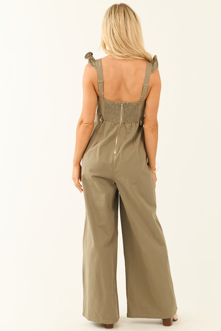 Olive Sleeveless Ruffle Strap Wide Leg Jumpsuit