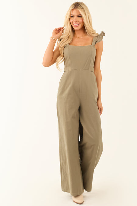 Olive Sleeveless Ruffle Strap Wide Leg Jumpsuit