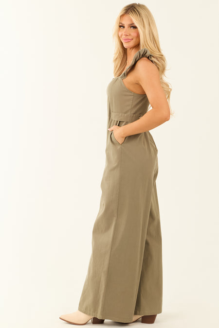 Olive Sleeveless Ruffle Strap Wide Leg Jumpsuit