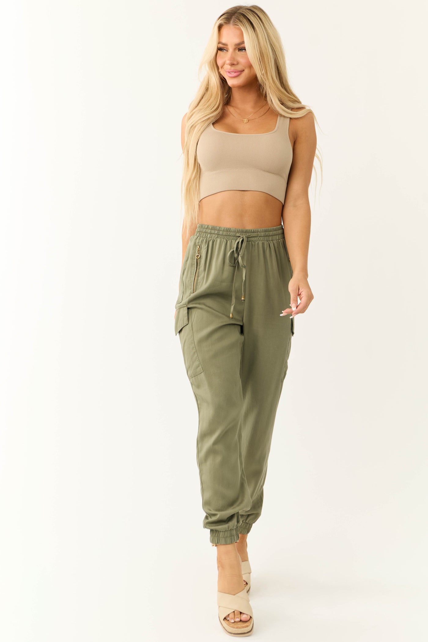 Olive Smocked Drawstring Waistband Joggers