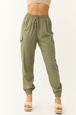 Olive Smocked Drawstring Waistband Joggers