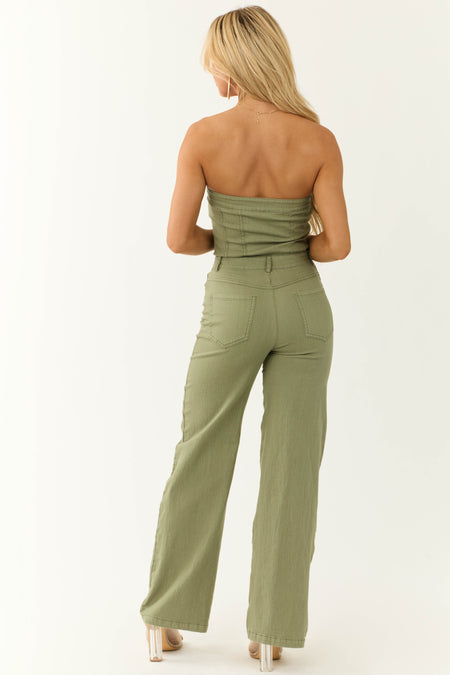 Olive Strapless Relaxed Leg Denim Jumpsuit