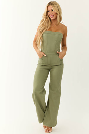 Olive Strapless Relaxed Leg Denim Jumpsuit