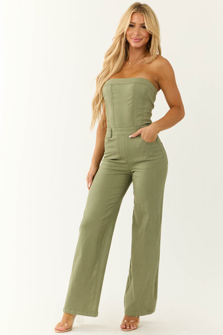 Olive Strapless Relaxed Leg Denim Jumpsuit