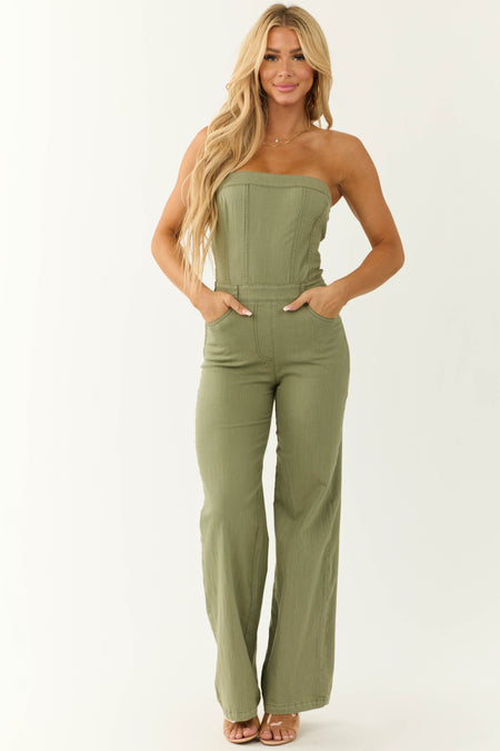 Olive Strapless Relaxed Leg Denim Jumpsuit