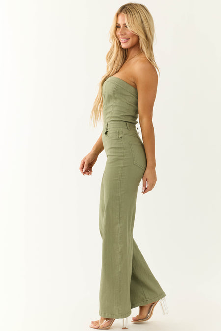 Olive Strapless Relaxed Leg Denim Jumpsuit